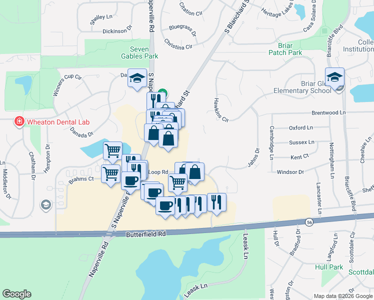 map of restaurants, bars, coffee shops, grocery stores, and more near 12 Sterling Circle in Wheaton