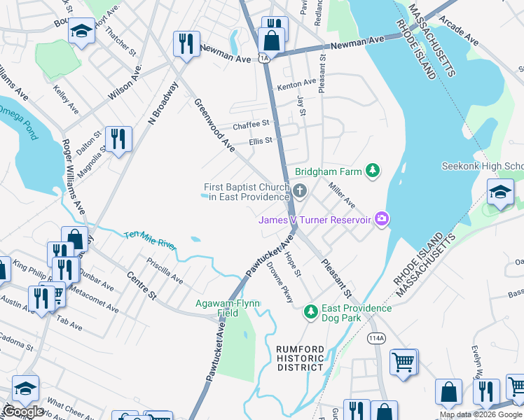 map of restaurants, bars, coffee shops, grocery stores, and more near 26 Doro Place in East Providence