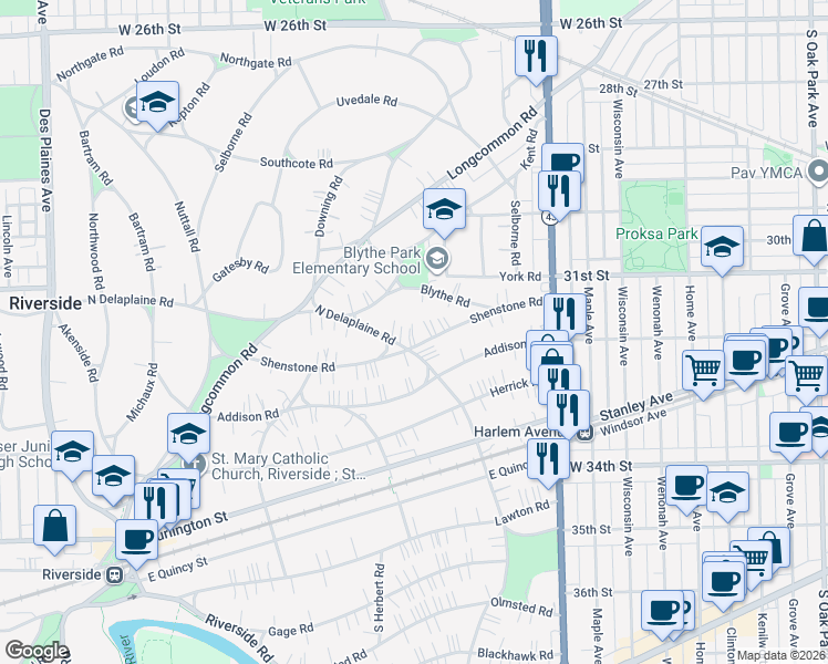 map of restaurants, bars, coffee shops, grocery stores, and more near 100 North Delaplaine Road in Riverside