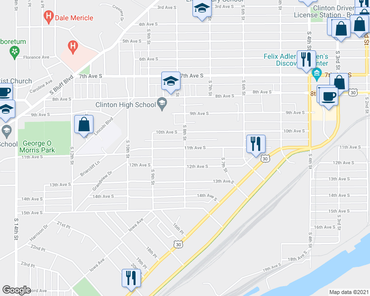 map of restaurants, bars, coffee shops, grocery stores, and more near 1014 South 8th Street in Clinton