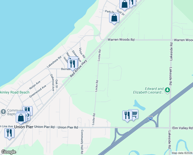map of restaurants, bars, coffee shops, grocery stores, and more near 15793 Locke Road in Union Pier