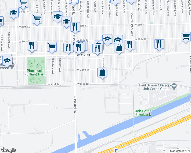 map of restaurants, bars, coffee shops, grocery stores, and more near 3201 South Springfield Avenue in Chicago