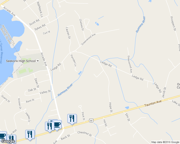 map of restaurants, bars, coffee shops, grocery stores, and more near 10 Meadow Court in Seekonk