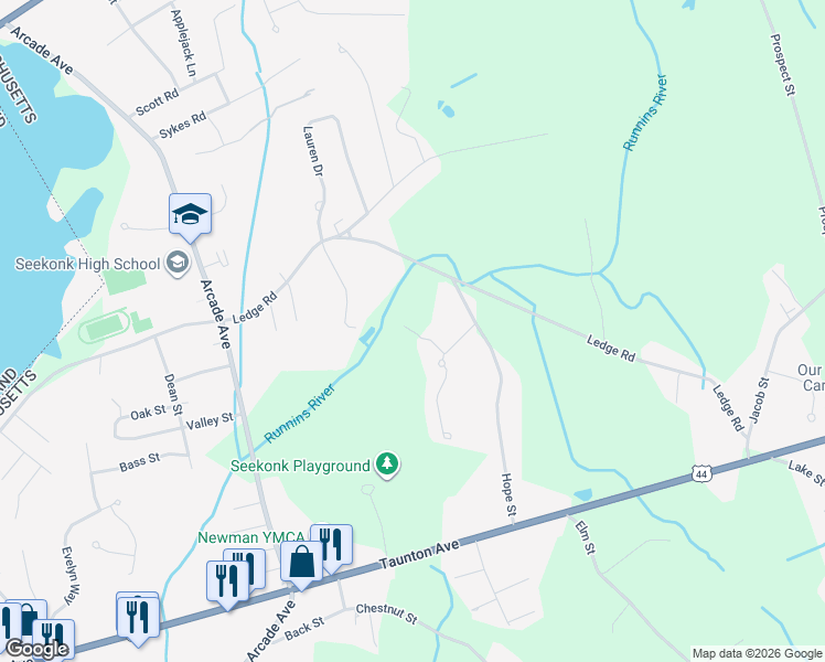 map of restaurants, bars, coffee shops, grocery stores, and more near 10 Meadow Court in Seekonk