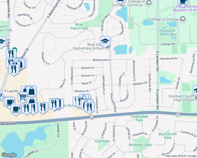 map of restaurants, bars, coffee shops, grocery stores, and more near 1351 Sussex Lane in Wheaton