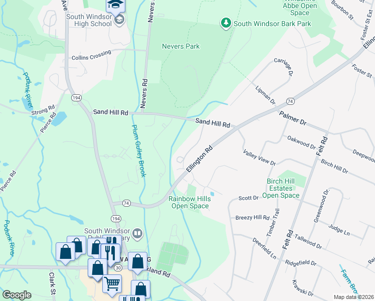 map of restaurants, bars, coffee shops, grocery stores, and more near R4 Fox Hill Road in South Windsor