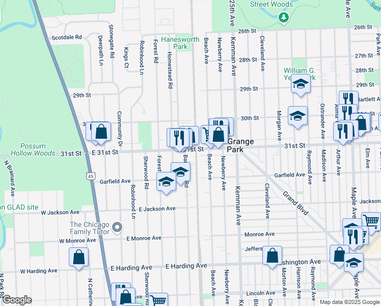 map of restaurants, bars, coffee shops, grocery stores, and more near 805 East 31st Street in La Grange Park