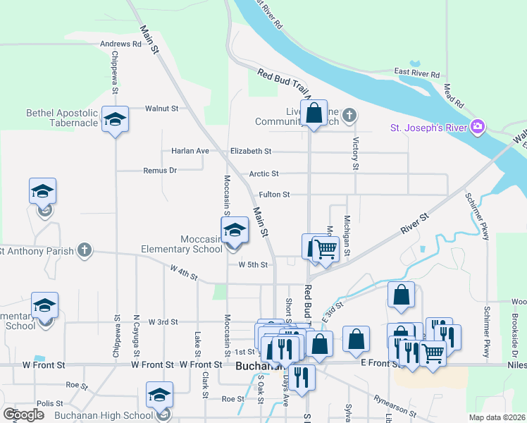 map of restaurants, bars, coffee shops, grocery stores, and more near 101 Fulton Street in Buchanan