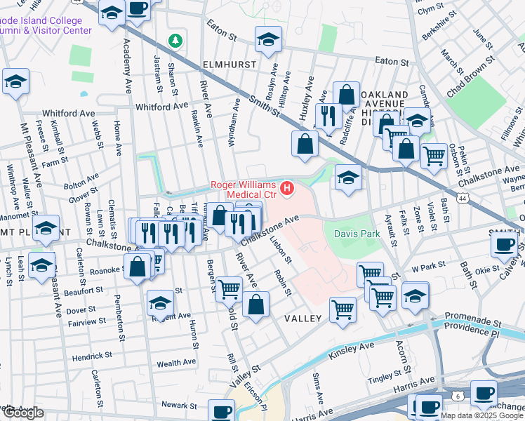 map of restaurants, bars, coffee shops, grocery stores, and more near 48 Winrooth Avenue in Providence