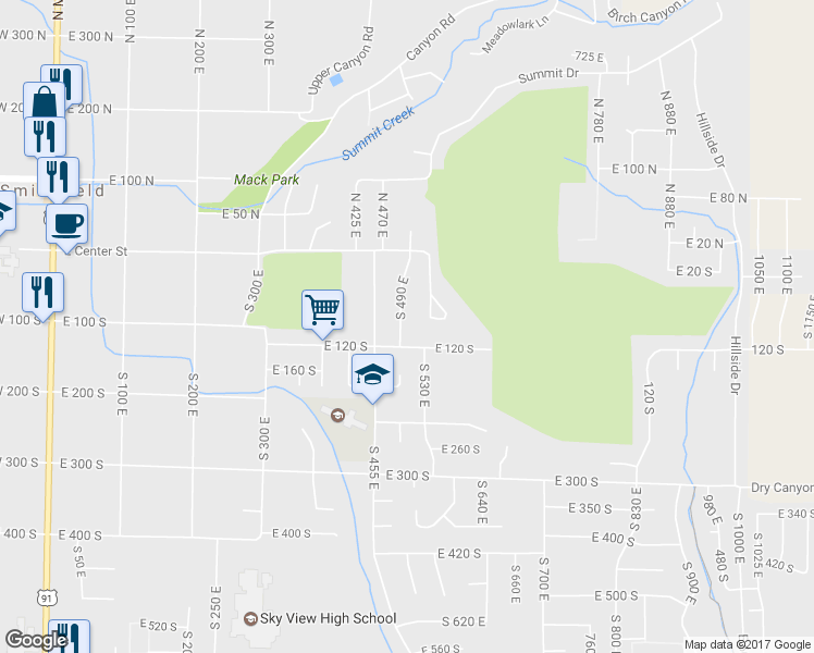 map of restaurants, bars, coffee shops, grocery stores, and more near 100 South 490 East in Smithfield
