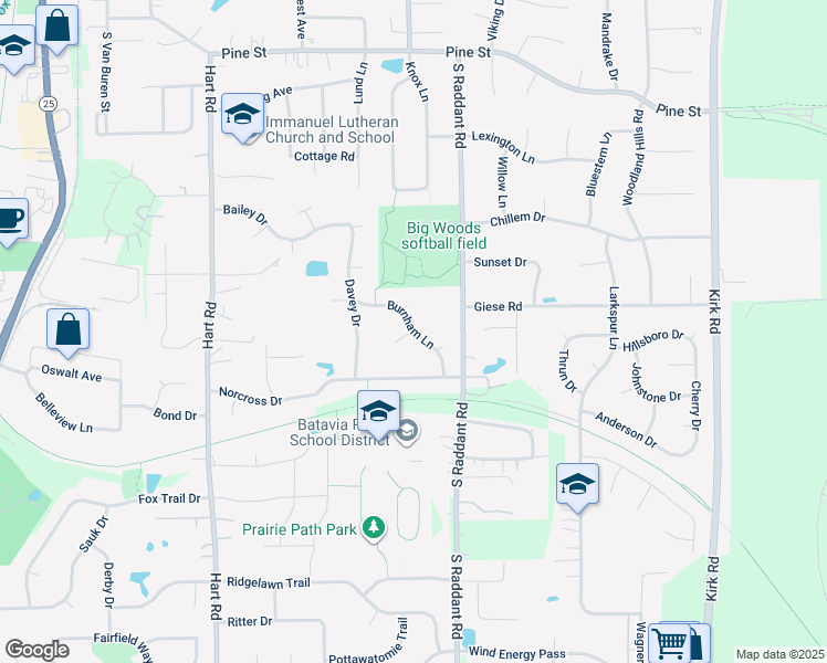 map of restaurants, bars, coffee shops, grocery stores, and more near 1299 Burnham Lane in Batavia