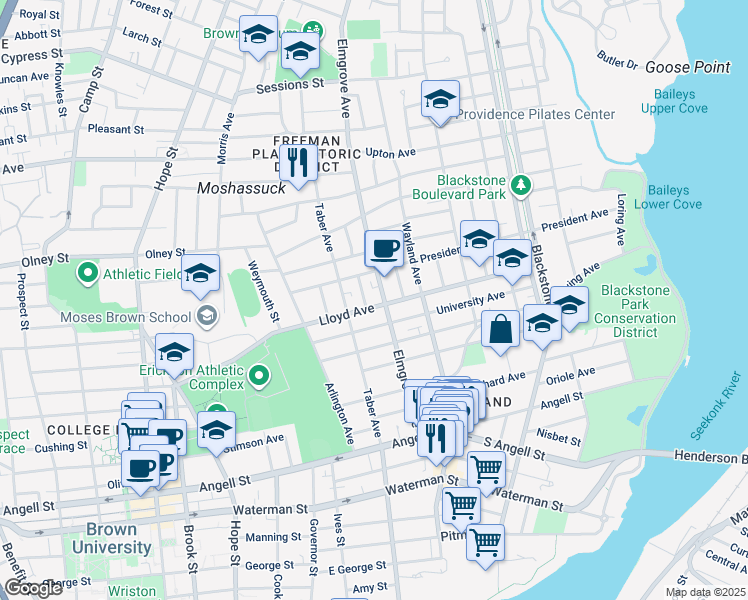 map of restaurants, bars, coffee shops, grocery stores, and more near 155 Elmgrove Avenue in Providence