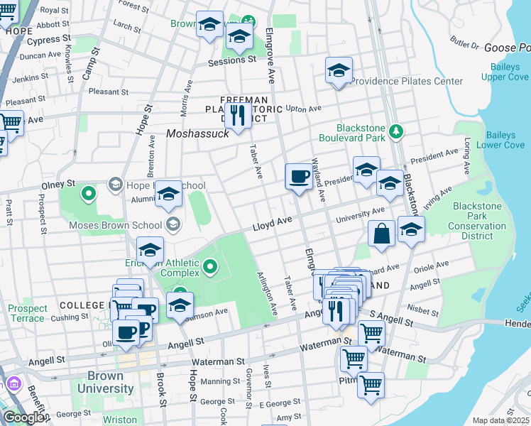 map of restaurants, bars, coffee shops, grocery stores, and more near 52 President Avenue in Providence
