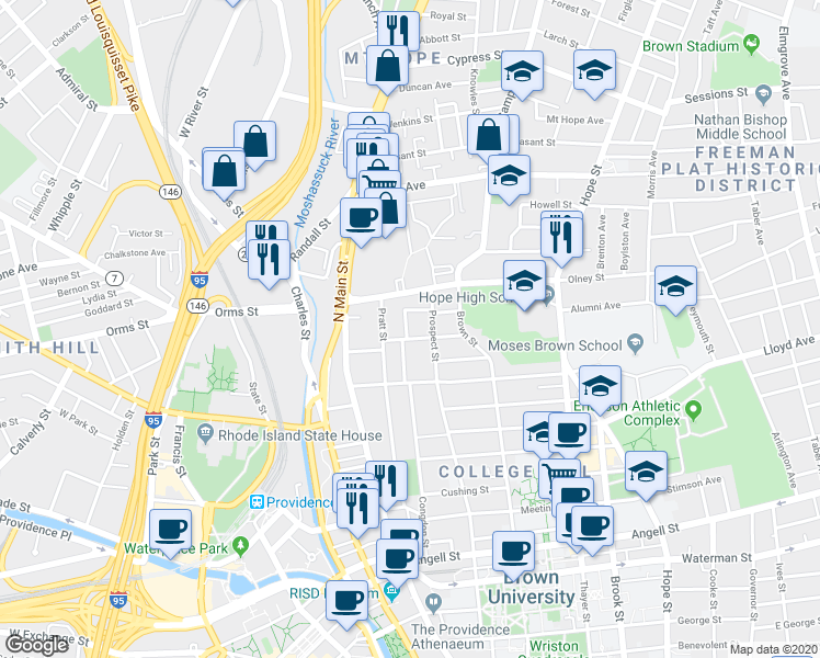 map of restaurants, bars, coffee shops, grocery stores, and more near 8 Hidden Street in Providence