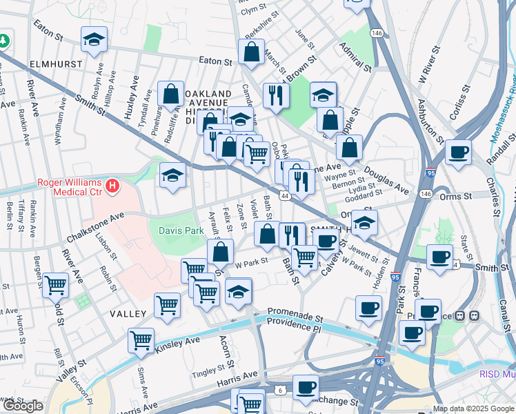 map of restaurants, bars, coffee shops, grocery stores, and more near 607 Chalkstone Avenue in Providence