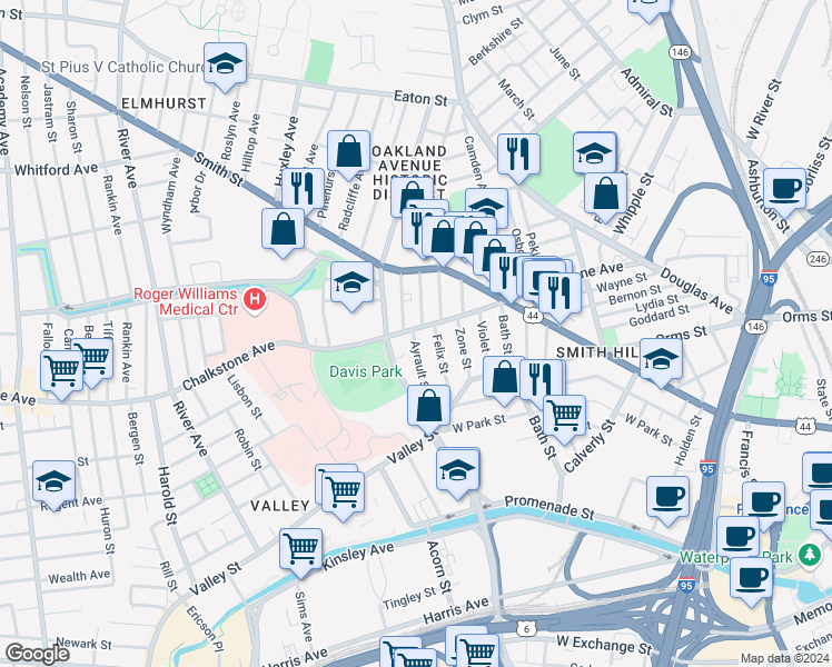 map of restaurants, bars, coffee shops, grocery stores, and more near 16 Ruggles Street in Providence