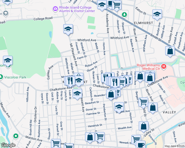 map of restaurants, bars, coffee shops, grocery stores, and more near 75 Glover Street in Providence