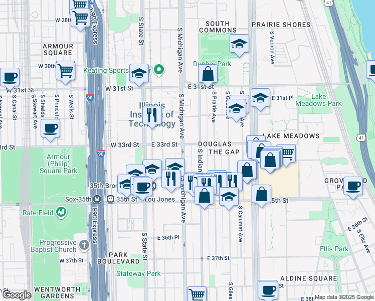 map of restaurants, bars, coffee shops, grocery stores, and more near 3228 South Indiana Avenue in Chicago