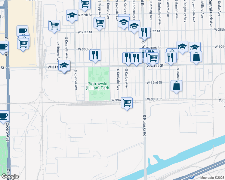 map of restaurants, bars, coffee shops, grocery stores, and more near 3201 South Keeler Avenue in Chicago
