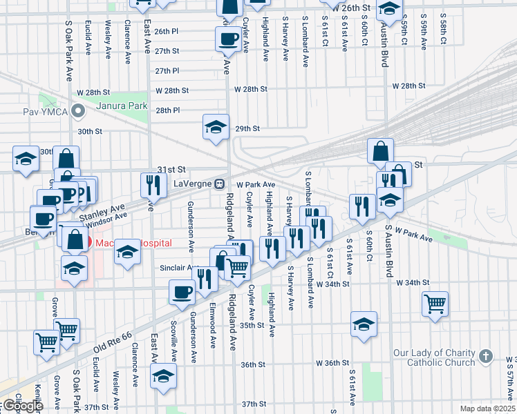 map of restaurants, bars, coffee shops, grocery stores, and more near 3133 Cuyler Avenue in Berwyn