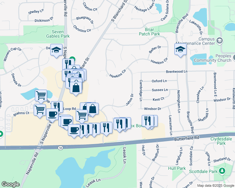 map of restaurants, bars, coffee shops, grocery stores, and more near 45 Kensington Circle in Wheaton