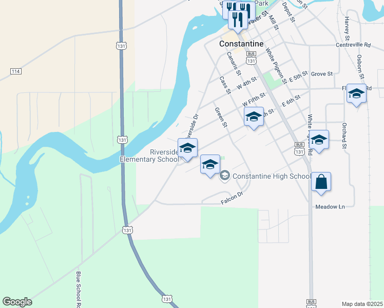 map of restaurants, bars, coffee shops, grocery stores, and more near 600 West 6th Street in Constantine