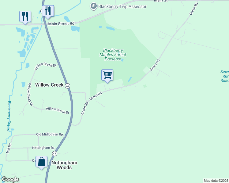 map of restaurants, bars, coffee shops, grocery stores, and more near 2S208 Green Road in Elburn
