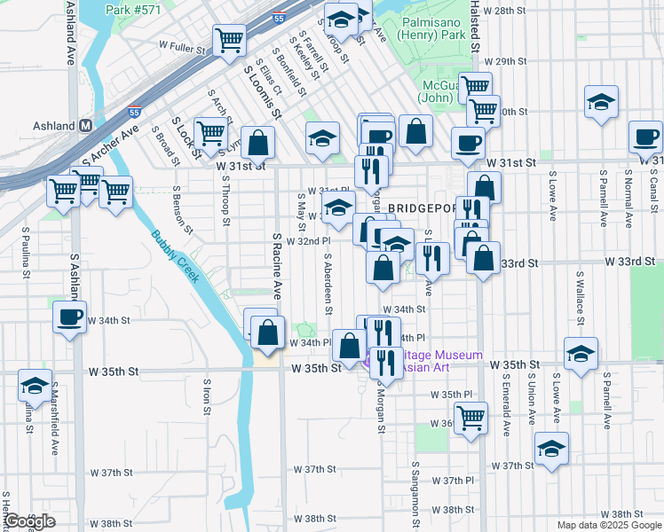 map of restaurants, bars, coffee shops, grocery stores, and more near 3257 South Aberdeen Street in Chicago