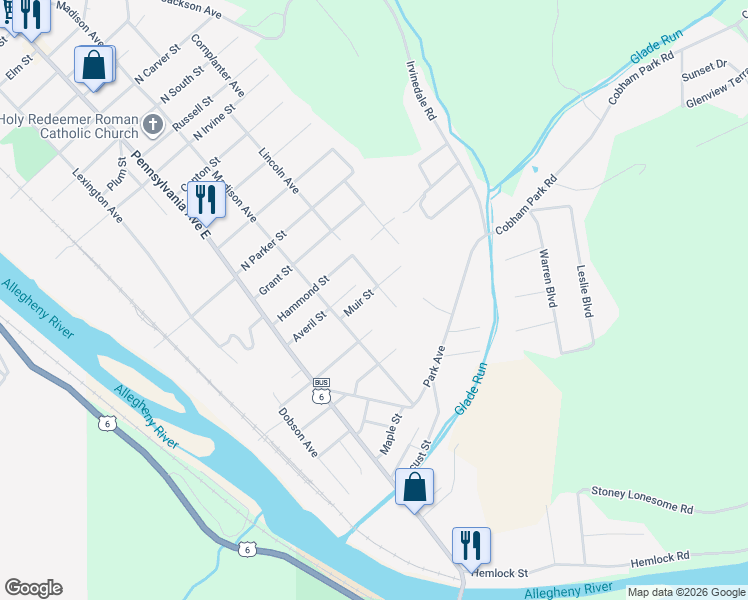 map of restaurants, bars, coffee shops, grocery stores, and more near 116 Muir Street in Warren