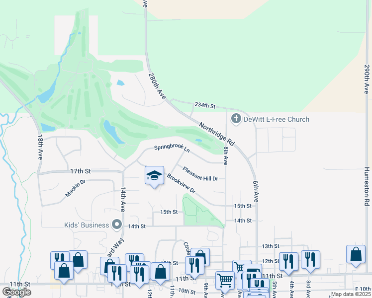 map of restaurants, bars, coffee shops, grocery stores, and more near 999 Springbrook Lane in DeWitt