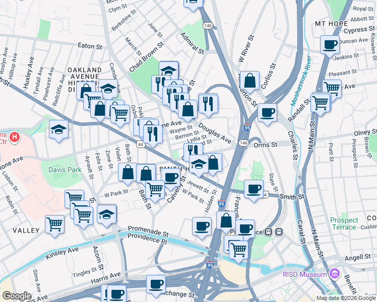 map of restaurants, bars, coffee shops, grocery stores, and more near 82 Lydia Street in Providence