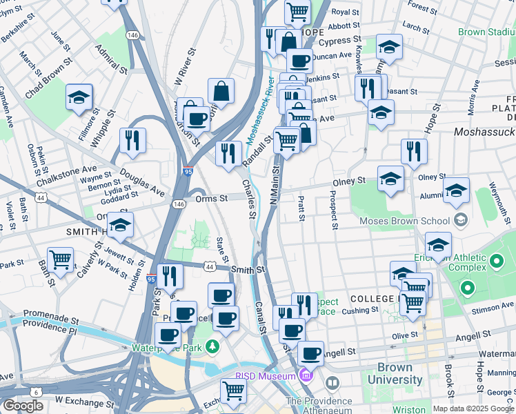 map of restaurants, bars, coffee shops, grocery stores, and more near in Providence