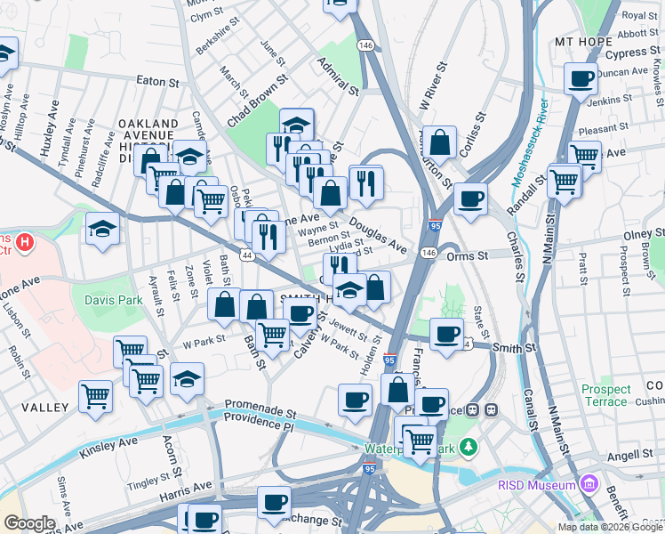 map of restaurants, bars, coffee shops, grocery stores, and more near 82 Lydia Street in Providence
