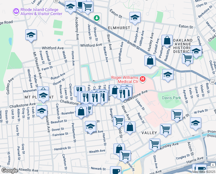 map of restaurants, bars, coffee shops, grocery stores, and more near 542 Pleasant Valley Parkway in Providence