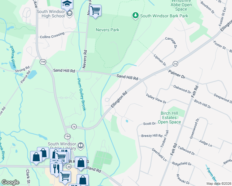 map of restaurants, bars, coffee shops, grocery stores, and more near 1508 Summer Hill Drive in South Windsor