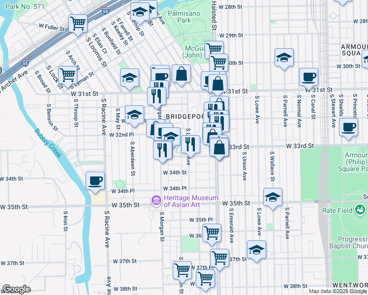 map of restaurants, bars, coffee shops, grocery stores, and more near 920 West 33rd Street in Chicago