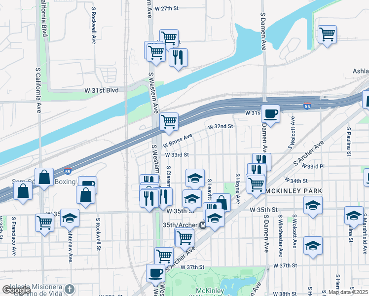 map of restaurants, bars, coffee shops, grocery stores, and more near 3231 South Oakley Avenue in Chicago