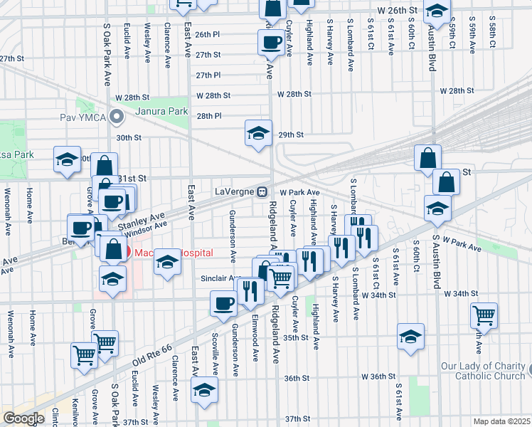 map of restaurants, bars, coffee shops, grocery stores, and more near in Berwyn