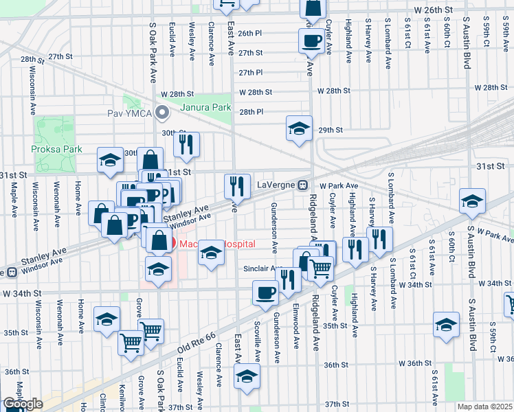 map of restaurants, bars, coffee shops, grocery stores, and more near 6509 Stanley Avenue in Berwyn
