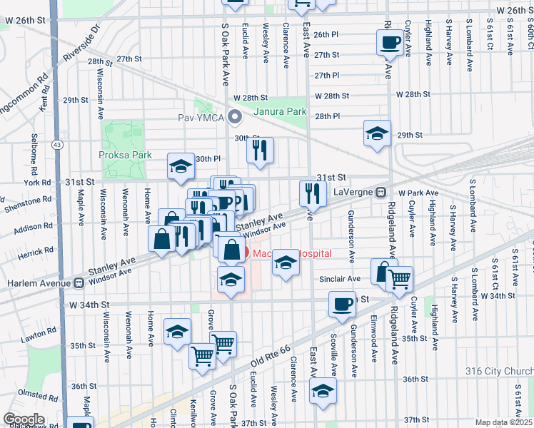 map of restaurants, bars, coffee shops, grocery stores, and more near 3126 Wesley Avenue in Berwyn