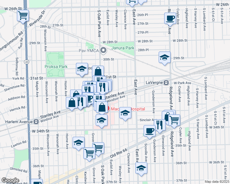 map of restaurants, bars, coffee shops, grocery stores, and more near 3126 Wesley Avenue in Berwyn