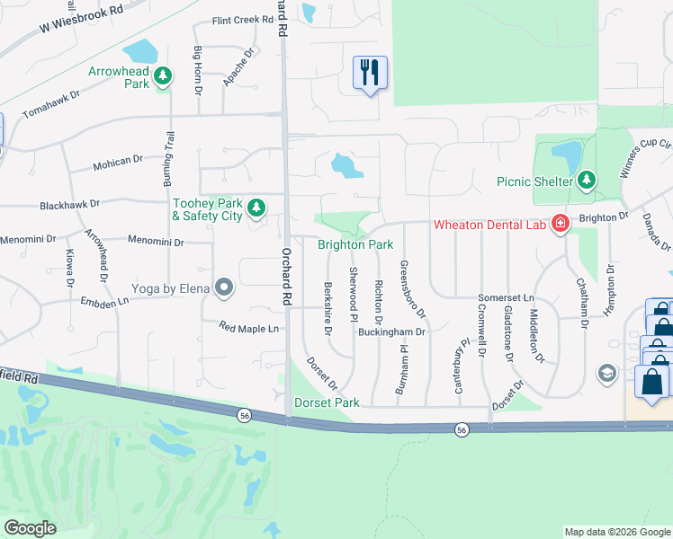 map of restaurants, bars, coffee shops, grocery stores, and more near 1264 Brighton Drive in Wheaton