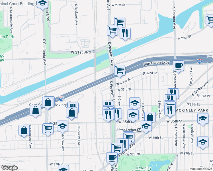 map of restaurants, bars, coffee shops, grocery stores, and more near 2405 West 32nd Place in Chicago