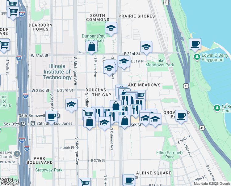 map of restaurants, bars, coffee shops, grocery stores, and more near 3253 South Calumet Avenue in Chicago