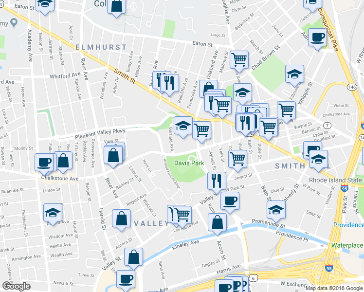map of restaurants, bars, coffee shops, grocery stores, and more near 721 Chalkstone Avenue in Providence
