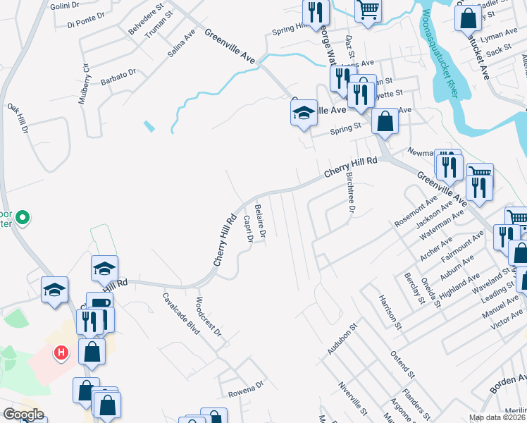 map of restaurants, bars, coffee shops, grocery stores, and more near 3 Columbus Avenue in Johnston