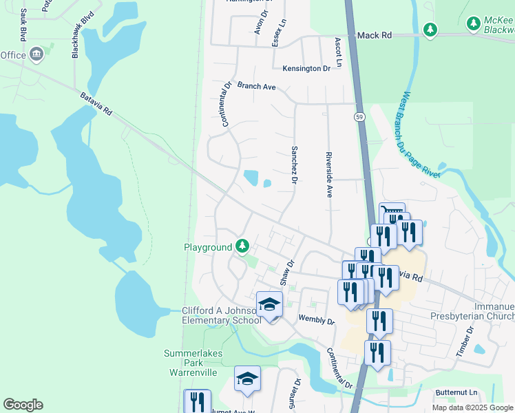 map of restaurants, bars, coffee shops, grocery stores, and more near 30W151 Arlington Court in Warrenville