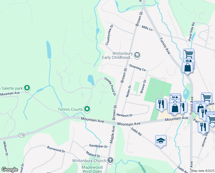 map of restaurants, bars, coffee shops, grocery stores, and more near 53 Silo Way in Bloomfield