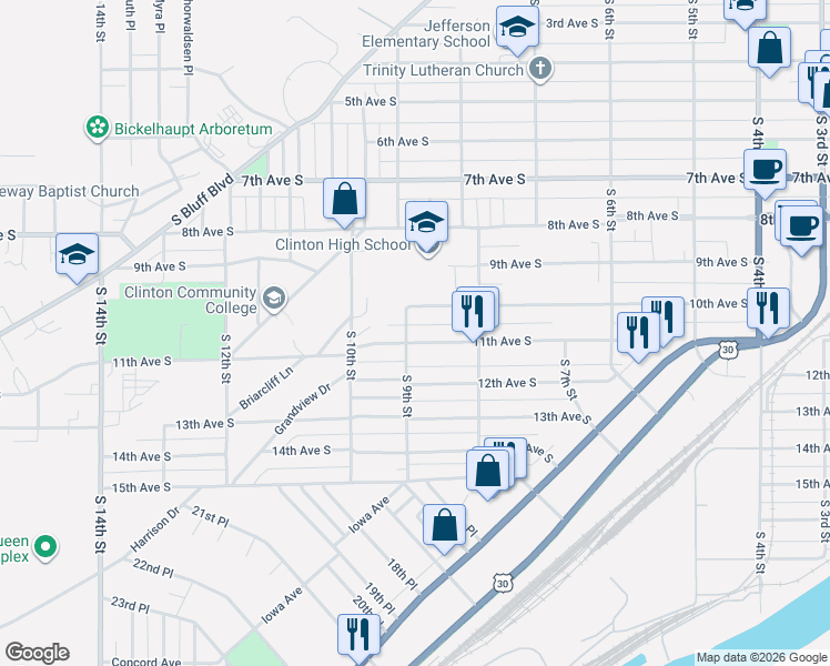 map of restaurants, bars, coffee shops, grocery stores, and more near 1008 South 9th Street in Clinton
