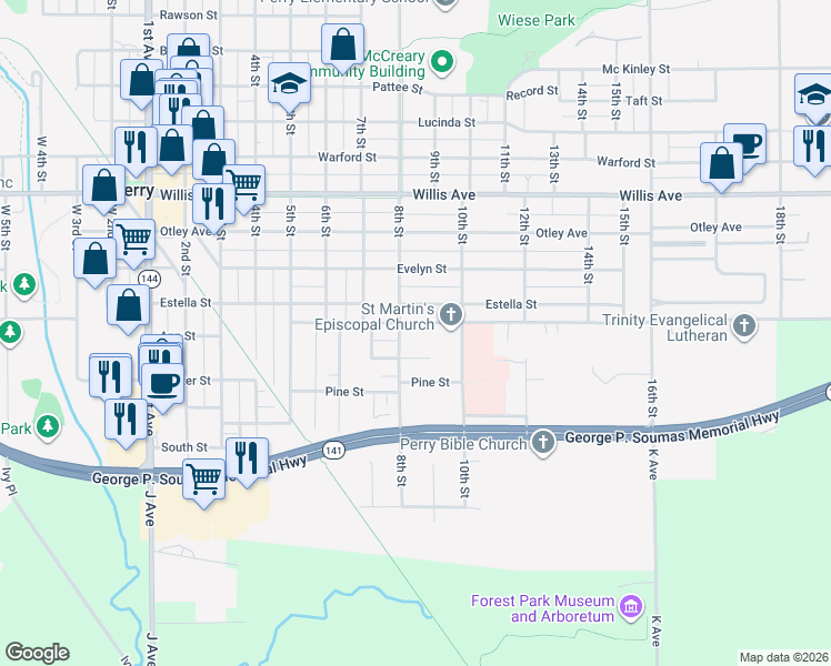 map of restaurants, bars, coffee shops, grocery stores, and more near 1801 Estella Street in Perry